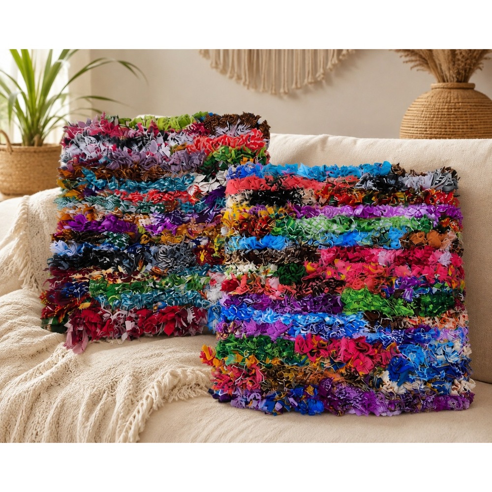 Set of 2 Boho Shaggy Rag Rug Pillow Covers Multi Color 18x18 Textured India